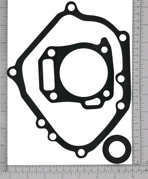 Two Pack Gasket Kit For Honda GX160 GX200 And Clone Engines And Generators Includes Cylinder Head Valve Cover Carburetor Crankcase Gaskets And Oil Seals Non Hemi OEM Replacement Set laid out with measurements