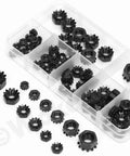 Assorted 75 Piece Stainless Steel K Lock Nuts Set With Tooth Washers Black Finish SAE Lock Nuts 304 Stainless Handy Hardware Kit