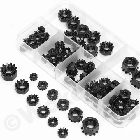 Assorted 75 Piece Stainless Steel K Lock Nuts Set With Tooth Washers Black Finish SAE Lock Nuts 304 Stainless Handy Hardware Kit