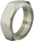 Close-up of a polished hexagonal sanitary fitting for food processing lines, showing fine threading detail.