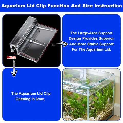 Slick Clear Aquarium Lid Clips 16 Piece Set For Rimless Fish Tank Glass Covers And Acrylic Hoods with 6mm opening and large-area stability.