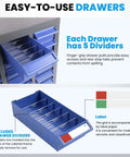 Detailed view of Heavy Duty 100 Drawer Nut And Bolt Organizer With Labels And Adjustable Dividers ABS Drawers And Alloy Steel Frame.