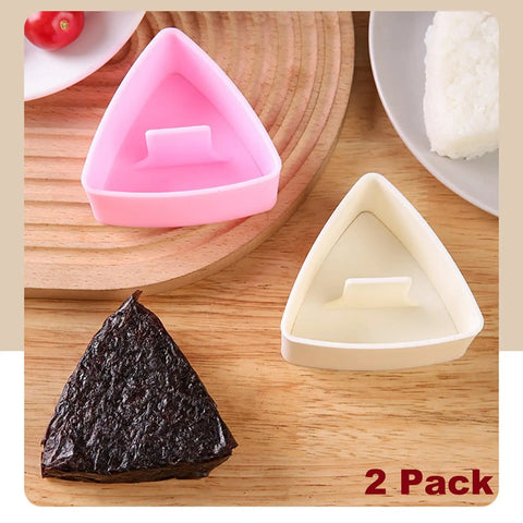 Triangle Rice Ball Molds 2 Pack Large Do It Yourself Sushi Makers Kit for Lunch Bento with pink and beige molds on table