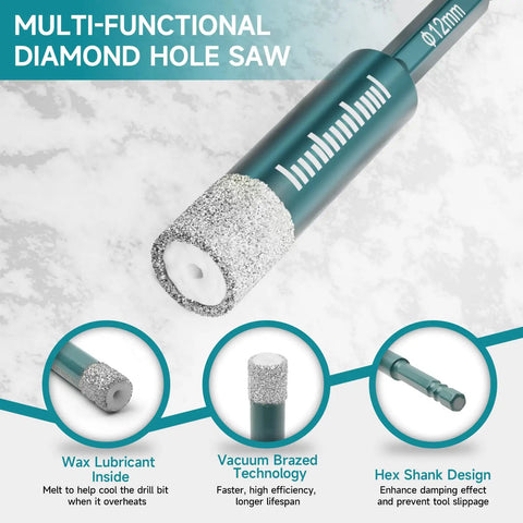 Pro Grade Diamond Coated Drill Bits Set, 10 Piece Hex Shank Kit with hole saw showing diamond coating and size markings