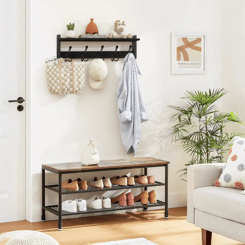 Coat Rack With Shelf And Tri Hooks Wall Mounted 24 Inch Wooden Hanging Coat Hanger For Entryway Bathroom Mudroom And Bedroom Black Finish With Stable Iron Frame For Everyday Use. 