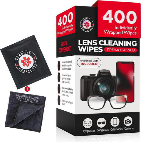 Box of 400 pre-moistened eyeglass cleaning wipes with included microfiber cloth.