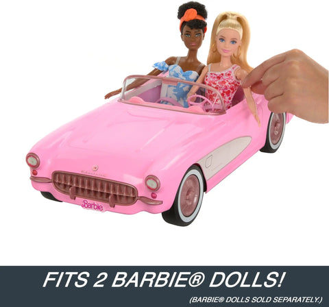 Remote Control Corvette Toy Car From Barbie Movie with two Barbie dolls seated inside, trunk open, pink color