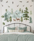 Peel And Stick Mountain Forest Wall Decals Set With Pine Trees Deer And Birds For Kids Room And Nursery Decor On A Large 15.7x47.2 Inch Sheet