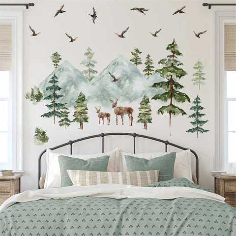 Peel And Stick Mountain Forest Wall Decals Set With Pine Trees Deer And Birds For Kids Room And Nursery Decor On A Large 15.7x47.2 Inch Sheet