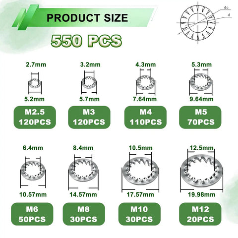 Internal Tooth Star Lock Washers Assortment Kit 550 Pcs M2.5-M12 304 Stainless Steel sizes and quantities chart