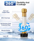 RV Water Filter With Flexible Hose Protector showing anti-rust copper head, BPA-free hose, and silicone gasket, NSF Certified.