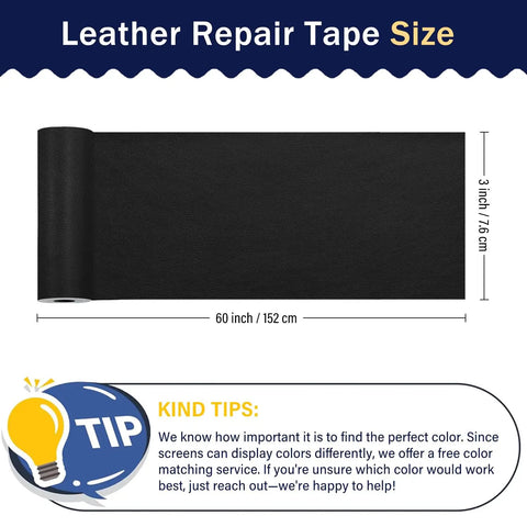 Self Adhesive Leather Repair Patch Tape For Car Seats And Furniture, Heavy Duty Vinyl Repair Patch For Couches And Sofas, Waterproof For Tears Scratches And Rips, 3x60 Inch Black Roll shown unrolled.