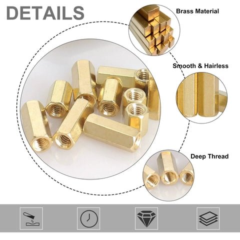 M3 Brass Hex Standoff Spacers 12mm Female Thread Gold Tone Pillar Screws Kit, close-up of hex spacers showing brass material and threading