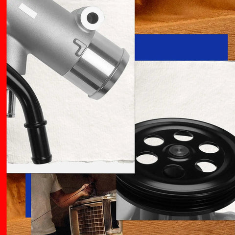 Close-up of Top Shelf Engine Water Pump For Ram 1500 And Jeep Wagoneer 5.7L Mild Hybrid Ev with black pulley and fittings.