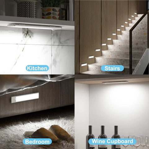 Under Cabinet Lights With Motion Sensor 33 LED Dimmable USB Rechargeable Magnetic Strip Lighting 1100mAh installed in kitchen, stairs, bedroom, wine cupboard