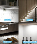 Under Cabinet LED Lights With Motion Sensor 53 LED Dimmable USB Rechargeable Strip mounted in kitchen, stairs, bedroom, wine cupboard