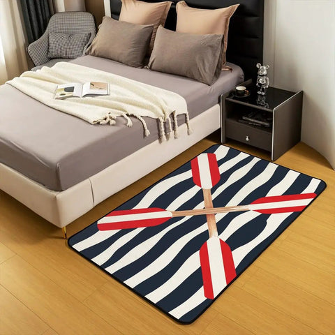 Rowing Oar Nautical Area Rug 5x7 Ocean Theme For Living Room Navy Blue Striped Geometric Pattern Decorative Rug Kid Friendly Playroom Indoor Floor Mat Cozy Coastal Vibe For Everyday Play And Durable Soft Surface in bedroom setting