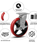 Heavy Duty 8X2 Inch Caster Wheels Set Of 4 With 6000Lb Capacity, Polyurethane Tread Crowned On Cast Iron Core, 2 Brakes And 2 Swivel
