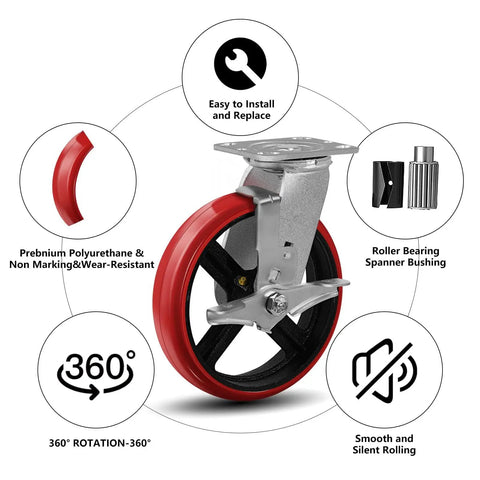 Heavy Duty 8X2 Inch Caster Wheels Set Of 4 With 6000Lb Capacity, Polyurethane Tread Crowned On Cast Iron Core, 2 Brakes And 2 Swivel