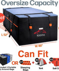 Ultra Large 28 Cu Ft Car Roof Cargo Carrier Bag Waterproof Storage for Road Trips showing capacity and dimensions.