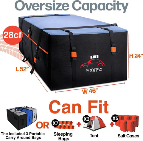 Ultra Large 28 Cu Ft Car Roof Cargo Carrier Bag Waterproof Storage for Road Trips showing capacity and dimensions.
