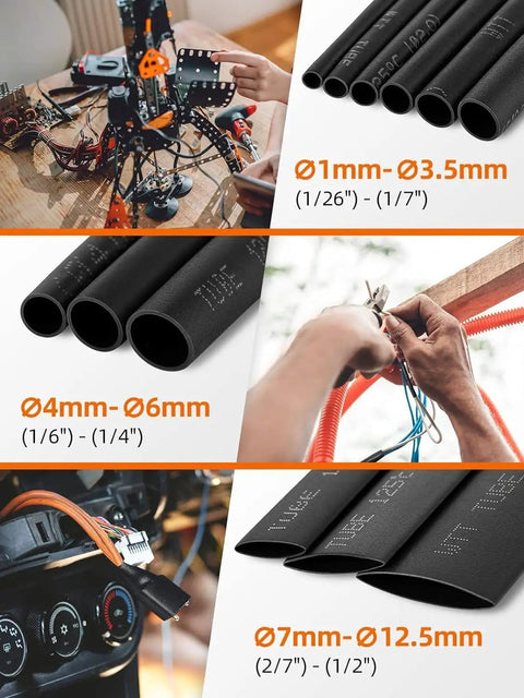 3:1 Heat Shrink Tubing Kit, 600 Pieces, for wire insulation and electrical jobs, showing various sizes and uses