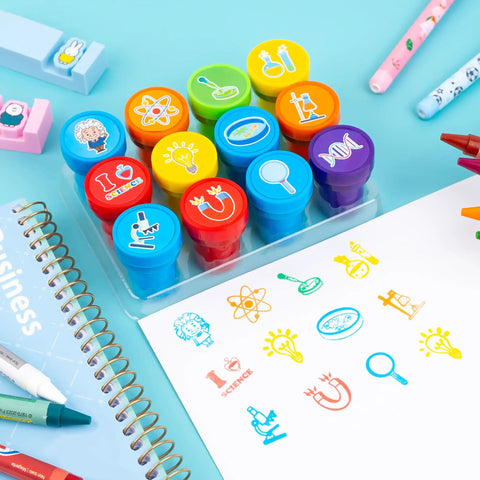 Science Themed Party Favors Set With 24 Temporary Tattoos And 12 Stamps Educational Classroom Decorations And Goodie Bag Prizes displayed on paper