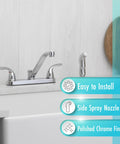 Two Handle Kitchen Faucet With Side Spray In Polished Chrome on white countertop, easy install and sleek design.