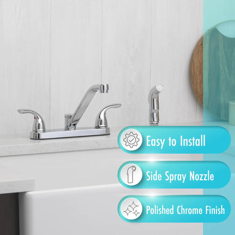 Two Handle Kitchen Faucet With Side Spray In Polished Chrome on white countertop, easy install and sleek design.