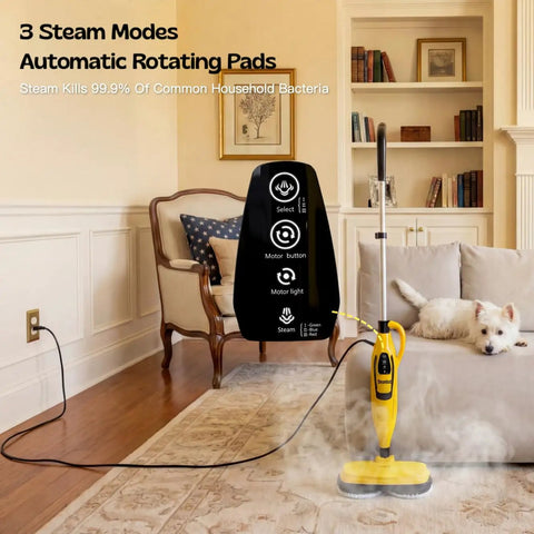 Heavy Duty Steam And Scrub Mop For Hardwood And Vinyl Floors Carries A Massive XL Water Tank in living room, with steam in action.
