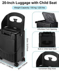 20-inch black ride-on luggage with built-in child seat, aluminum frame, front opening and spinner wheels
