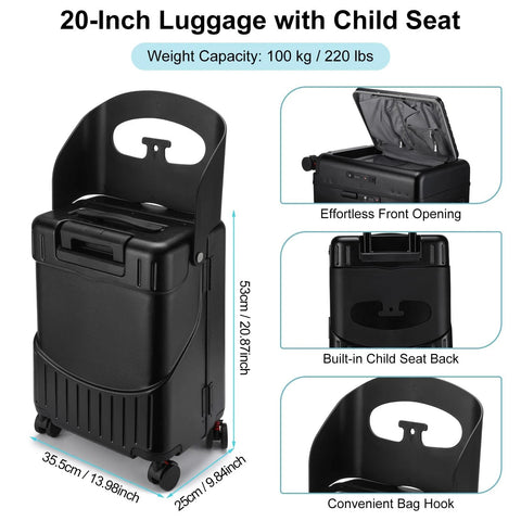 20-inch black ride-on luggage with built-in child seat, aluminum frame, front opening and spinner wheels