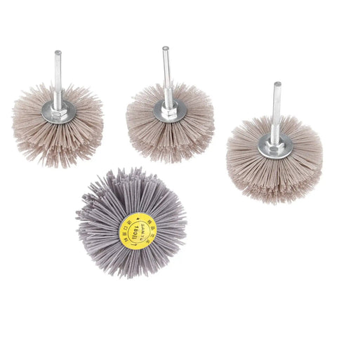 Four Piece Nylon Wheel Brush Set With 80 120 180 240 Grit, Abrasive Grinding Heads On 6mm Threaded Shanks for metal wood stone