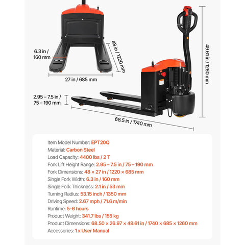 Massive 4400 Lb Electric Pallet Jack Truck With Lithium Battery And 48 Inch Forks for heavy material handling with carbon steel design.