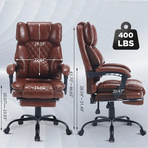 Big Tall Reclining Executive Office Chair With Footrest, Heavy Duty Ergonomic Desk Chair With Lumbar Support, 400 lb, Brown