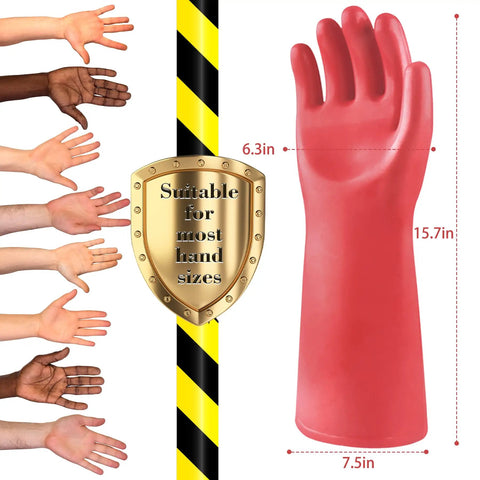 Heavy Duty Insulating Gloves For High Voltage Electric Work 1.8mm Thick Red Rubber Handwear dimensions with hand size chart