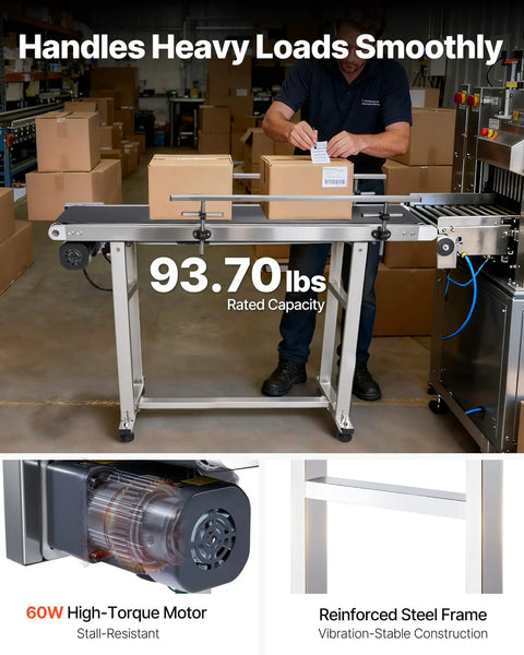 Heavy Duty PVC Belt Conveyor 47 Inch Long And 7.8 Inch Wide With Motorized Drive, Double Guardrails, shown handling packages.