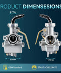 PZ20 Carburetor dimensions for 49cc to 125cc Chinese ATVs showing 0.77x1.88x1.10 inches; front and side view details.