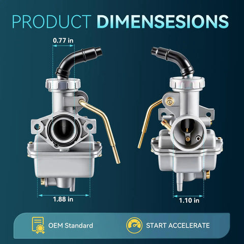 PZ20 Carburetor dimensions for 49cc to 125cc Chinese ATVs showing 0.77x1.88x1.10 inches; front and side view details.
