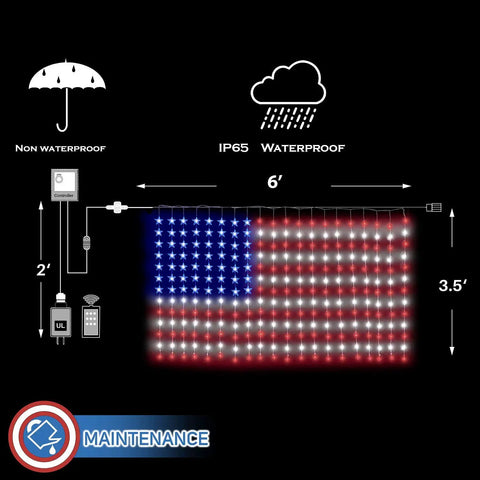 Patriotic Flag Curtain Lights With Stars 6 Ft By 3.5 Ft Outdoor Indoor Waterproof LED String Lights For Fourth Of July Parties 260 LEDs
