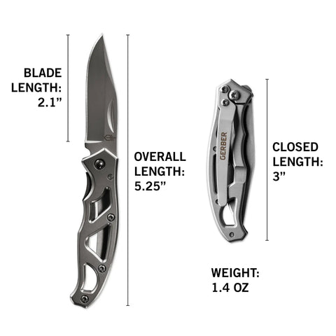 Paraframe Mini Pocket Knife EDC Folding Knife 2.2 Inch Fine Edge Stainless Steel open and closed view with dimensions