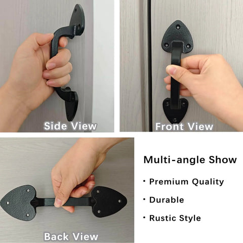 Heavy Duty Barn Door Handles 7.5 Inch Cast Iron Gate Pulls For Outdoor Gates Sheds And Sliding Barn Doors In Black Matte Finish Rust Resistant Powder Coated Built Tough 2 Pack With Mounting Screws, side, front, and back views.