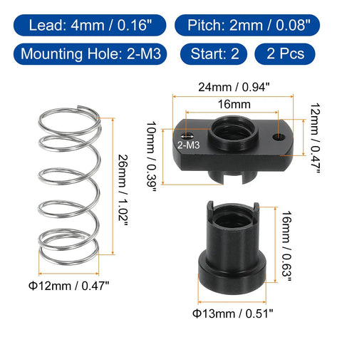 Two Pack Anti Backlash Spring Loaded Nuts For TR8x4 POM Acme Thread CNC And 3D Printer Builds Elimination Gap Nut With 2 M3 Holes 2 Start 4mm Lead DIY Ready For Smooth Linear Motion with dimensions and components