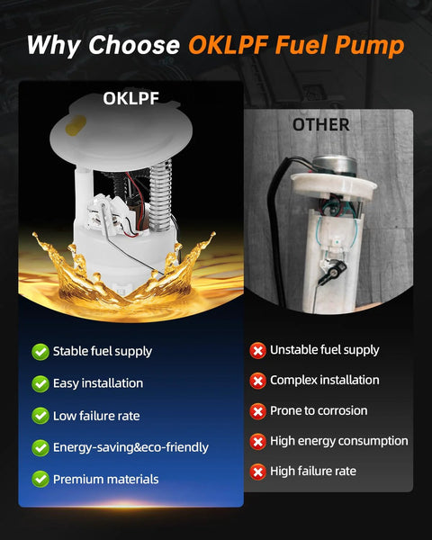 Comparison of OKLFP fuel pump vs others highlighting stable supply, easy installation, and premium materials