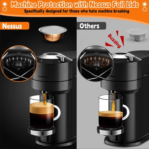 Comparison of coffee machines using Reusable Foil Lids For Nespresso Vertuo Pods 100 Pack No Fuss With Airtight Seal.