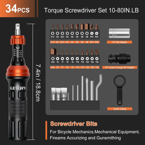 Heavy Duty Quarter Inch Drive Torque Screwdriver Set With 10 To 80 In Lb Range And 34 Bit Kit S2 Steel Standard Phillips Slotted Torx And Hex Bits Quick Change Adapter For Precise Maintenance Tasks, 7.4in handle and 34-bit kit