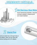 Single Hole Clevis Pins 6 X 30 Millimeters, 304 Stainless Steel, flat head, heavy duty build, illustrated in product details view