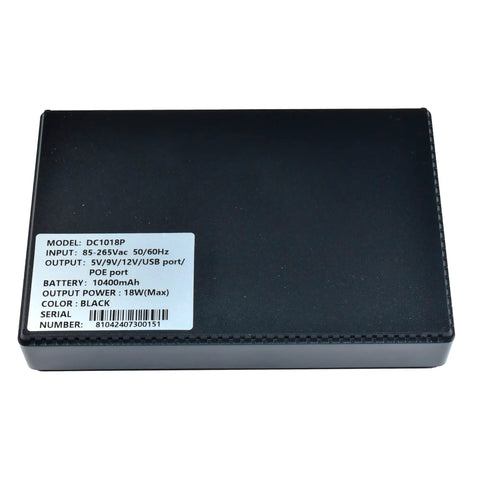 Mini Ups Battery Backup For Wifi Routers Featuring 10400mAh Rechargeable Cells And Poe Usb Outputs, black unit top view.