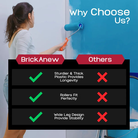 Person using Five Piece 4 Inch Paint Tray Set With Disposable Liners to paint wall; comparison chart for product features