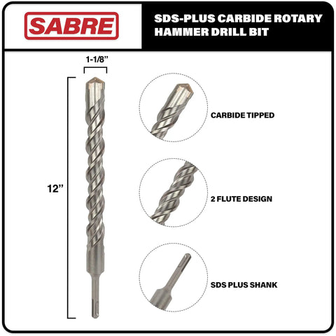 1-1/8 Inch SDS Plus Rotary Hammer Drill Bit Carbide Tipped For Brick Stone And Concrete 12 Inch Long Heavy Duty Masonry Drill Bit